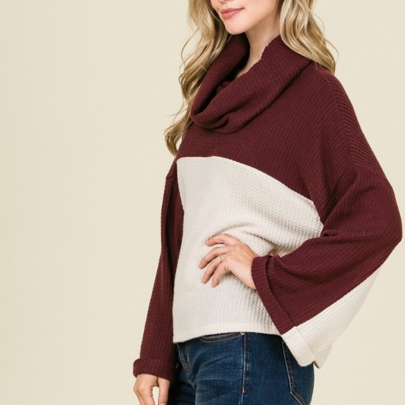 Lumiere 2 Tone Waffle Knit Sweater -Burgundy - Picture 4 of 5